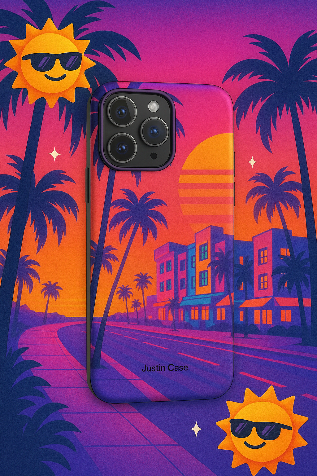 Phone case with a vibrant sunset and palm tree design, featuring the brand 'Justin Case'.